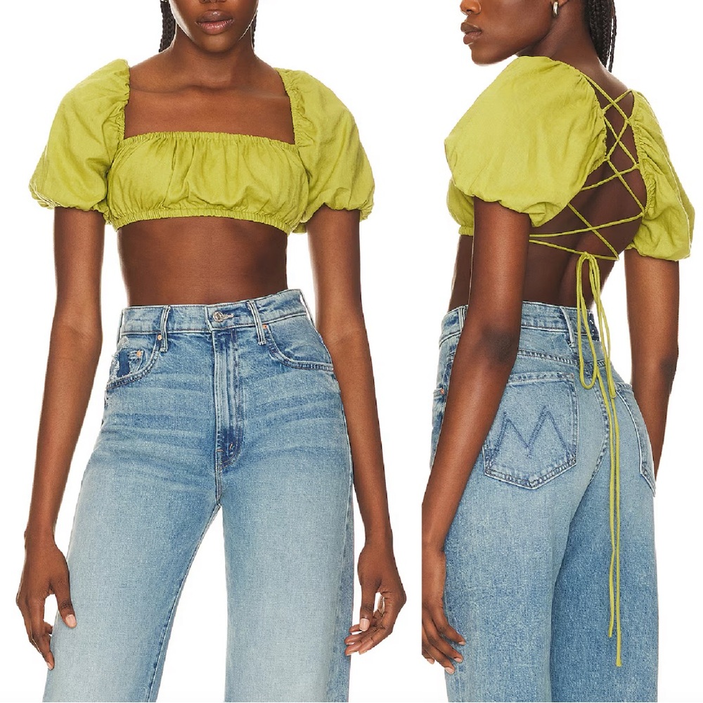 Lovers & Friends Green Linen Aviana Lace Up Top Puff Sleeve NWT Resort Boho Y2K